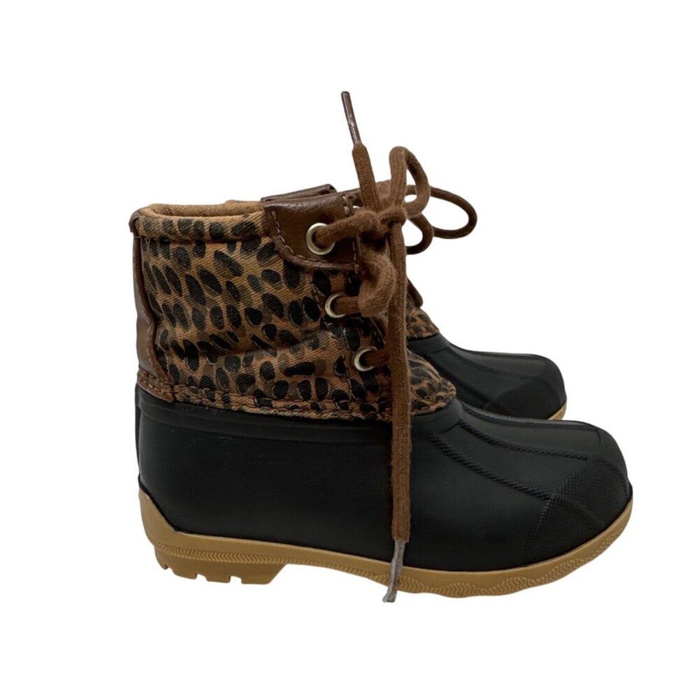 Sperry Girls Leopard Print Duck Boots Rubber Sole Lace-Up Size 8M